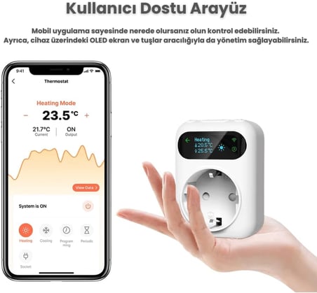 WiFi Priz Tipi Harici Su Geçirmez Sensörlü Termostat (Tuya,Smart Life Uyumlu)