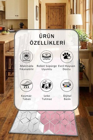 Süetro Pembe Gri Mutfak Tezgah Önü Yıkanabilir Dijital Baskılı Halı