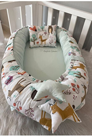 Babynest Sevimli Orman Lüx Tasarım Organik Pamuk Kumaş Taşınabilir Anne Yanı Baby Nest