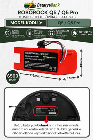 BataryaBank Roborock Q5 / Q5 Pro Uyumlu Robot Süpürge Bataryası 14.4V 6500mAh Li-ion Yüksek Kapasiteli Şarj Edilebilir Pil