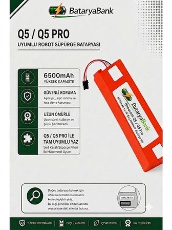 BataryaBank Roborock Q5 / Q5 Pro Uyumlu Robot Süpürge Bataryası 14.4V 6500mAh Li-ion Yüksek Kapasiteli Şarj Edilebilir Pil