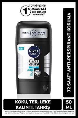 Nivea MEN Erkek Stick Deodorant Black&White Invisible Fresh 50ml, 72 Saat Anti-perspirant Ter Koruması