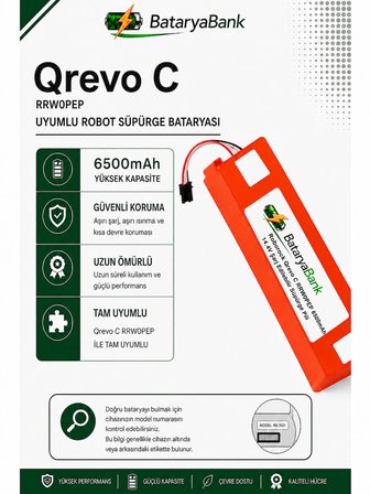 BataryaBank Roborock Qrevo C (RRW0PEP) Uyumlu Robot Süpürge Bataryası 14.4V 6500mAh Li-ion Yüksek Kapasiteli Pil