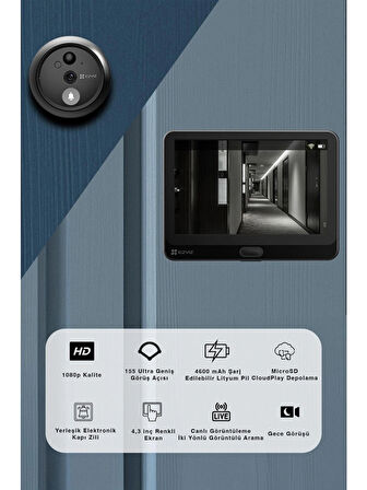 EZVIZ AKILLI EV SİSTEMİ GİRİŞ KAPI ZİLİ WIFI 2K KIT CS-HP4 (2WPFBS) 4.3 GÖZETLEME EKRANI + KAPI ZİLİ KİT  | Simcom