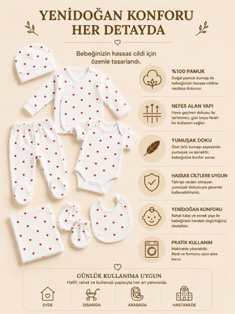 %100 Organik Pamuklu 7'li Kız Bebek Hastane Çıkış Seti – Kalp Desenli Yenidoğan Zıbın Takımı