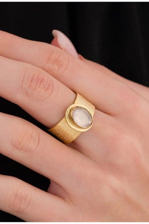 14 K Gold Kaplama 925 Ayar Gümüş Doğal Pembe Kuvars Dövme Yüzük