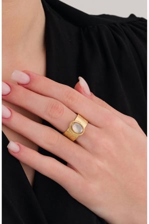 14 K Gold Kaplama 925 Ayar Gümüş Doğal Pembe Kuvars Dövme Yüzük