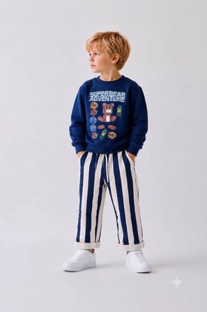 Erkek Çocuk Super Bear Adventure Baskılı Sweatshirt Çizgili Pantolon Takım