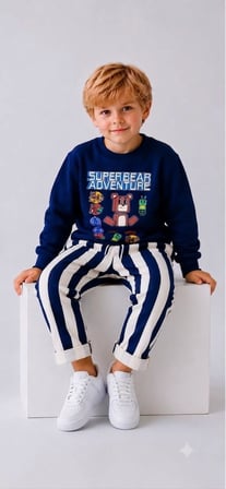 Erkek Çocuk Super Bear Adventure Baskılı Sweatshirt Çizgili Pantolon Takım