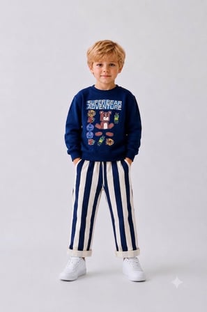 Erkek Çocuk Super Bear Adventure Baskılı Sweatshirt Çizgili Pantolon Takım