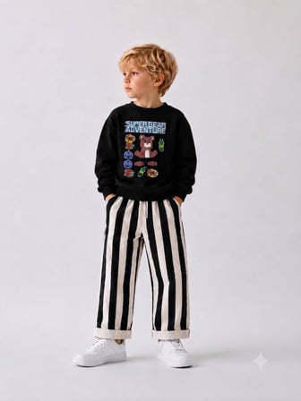 Erkek Çocuk Super Bear Adventure Baskılı Sweatshirt Çizgili Pantolon Takım