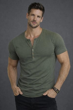 Özel Üretim Haki Ekstra Slim Fit Bady Henley Yaka Dar Kesim düğmeli Açık Geniş Yaka Tişört T-Shirt