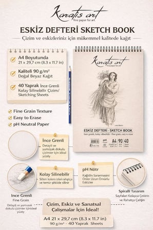 A4 Eskiz Defteri, İnce Grenli, Kolay Silinebilir pH Nötr Kağıt, Spiralli Sketch Book, 90 g/m², 40 Yaprak, Çizim ve Karakalem İçin