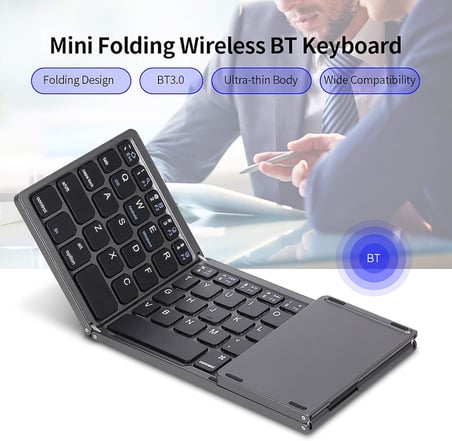 Kablosuz BT Klavye - Katlanır, Dokunmatik Yüzeyli, Taşınabilir Ultra İnce - Windows/Android/iOS Uyumlu - Gümüş