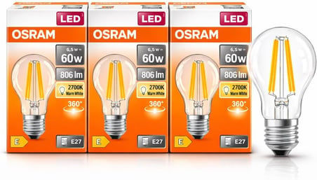 OSRAM LED Filament Ampul 6.5W (60W Eşdeğer) 2700K Sarı Işık 806 Lümen E27 Duy – 3’lü Paket – E Enerji Sınıfı – 360° Işık – 105x60 mm – Dimmer Uyumlu Değil