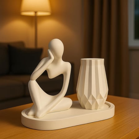 Modern Heykel ve Vazo Seti – 3 Parça Minimalist Dekor – Oturan Insan Figürü &amp; Geometrik Vazo
