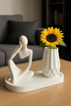 Modern Heykel ve Vazo Seti – 3 Parça Minimalist Dekor – Oturan Insan Figürü &amp; Geometrik Vazo