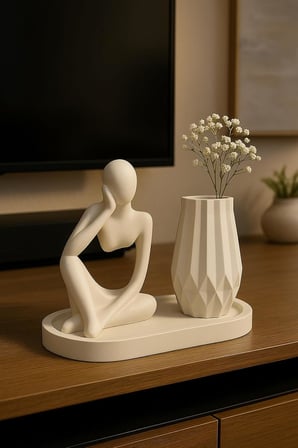 Modern Heykel ve Vazo Seti – 3 Parça Minimalist Dekor – Oturan Insan Figürü &amp; Geometrik Vazo