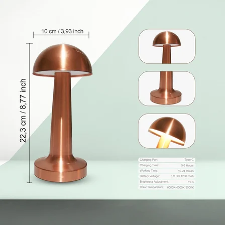 BA-ER Modern Taşınabilir Masa Lambası, Şarj Edilebilir Batarya, LED, 24 Saate Kadar Uzun Kullanım Süresi, Şık Restoranlar/Yatak Odası/Akşam Yemeği/Kahve Masası 3 Seviye Parlaklık, Metal - Bakır Renk