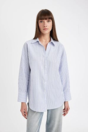 DeFacto Oversize Geniş Kalıp Çizgili Oxford Uzun Kollu Gömlek D4512AX24AUBE503