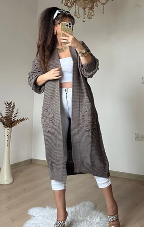 Kabartma Desenlı Uzun Triko Hırka Kahve