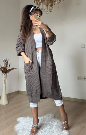 Kabartma Desenlı Uzun Triko Hırka Kahve