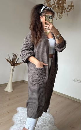 Kabartma Desenlı Uzun Triko Hırka Kahve