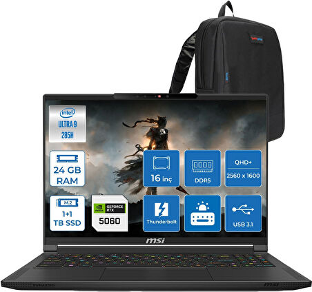 Msı Stealth 16 Aı A2HWFG-062TR Intel Core Ultra 9-285H Aı 24GB 1tb SSD +1tb SSD 8GB/RTX5060 95W 16″ 16:10 Qhd+ (2560 x 1600) Oled, 240hz Freedos Gaming Laptop Z062TRF04+ZETTAÇANTA