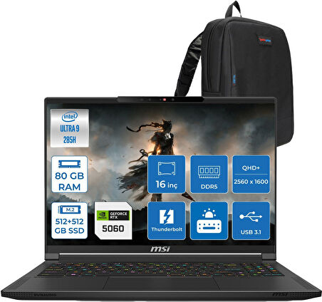 Msı Stealth 16 Aı A2HWFG-062TR Intel Core Ultra 9-285H Aı 80GB 512GB+512GB SSD 8GB/RTX5060 95W 16″ 16:10 Qhd+ (2560 x 1600) Oled, 240hz Freedos Gaming Laptop Z062TRF34+ZETTAÇANTA