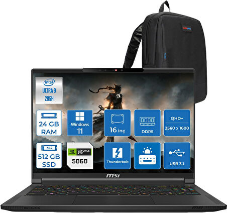 Msı Stealth 16 Aı Intel Core Ultra 9-285H 24GB 512GB SSD 8GB/RTX5060 95W 16″ 16:10 Qhd+ (2560 x 1600) Oled, 240hz Windows 11 Home Taşınabilir Bilgisayar Z062TRH01+ZETTAÇANTA  A2HWFG-062TR