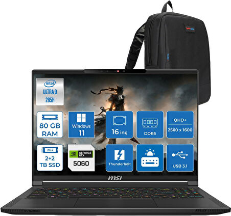 Msı Stealth 16 Aı A2HWFG-062TR Intel Core Ultra 9-285H Aı 80GB 2tb+2tb SSD 8GB/RTX5060 95W 16″ 16:10 Qhd+ (2560 x 1600) Oled, 240hz WINDOWS11PRO Gaming Laptop Z062TRP38+ZETTAÇANTA