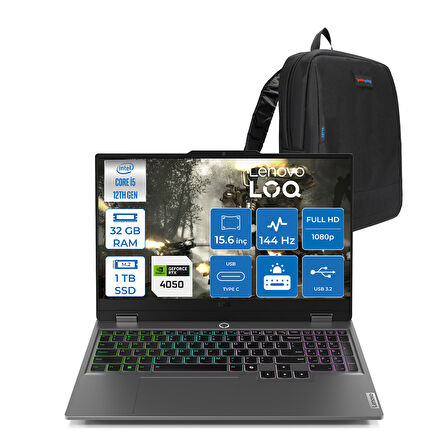 Lenovo Loq 15IAX9 Intel Core I5 12600HX 32GB Ddr5 1tb SSD 6GB/RTX4050 105W IPS 300NITS 144Hz Freedos 15.6" Fhd Freedos Taşınabilir Bilgisayar W83GS00PETRF10+ZETTAÇANTA