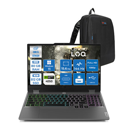 Lenovo Loq 15IAX9 Intel Core I5 12600HX 80GB Ddr5 512GB SSD 6GB/RTX4050 105W IPS 300NITS 144Hz WIN11HOME 15.6" Fhd Taşınabilir Bilgisayar W83GS00PETRH25+ZETTAÇANTA