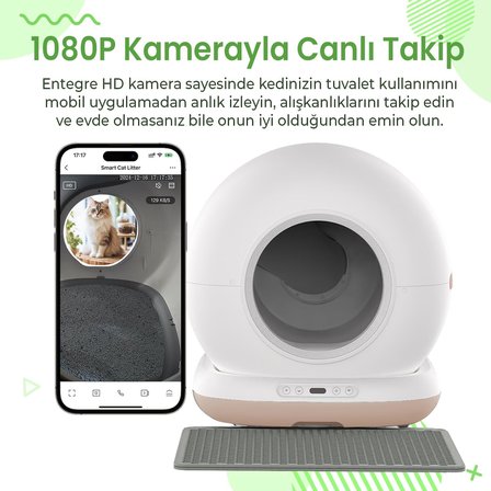 CB002 Kameralı Akıllı Otomatik Kedi Tuvaleti, APP ile Uzaktan Kontrol, 72lt Hazne, 7lt Çöp haznesi (Beyaz-Bej)