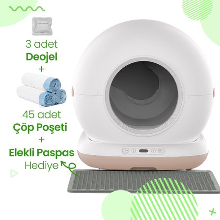 CB002 Kameralı Akıllı Otomatik Kedi Tuvaleti, APP ile Uzaktan Kontrol, 72lt Hazne, 7lt Çöp haznesi (Beyaz-Bej)