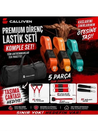 Calliven Premium Direnç Lastiği Seti 4'lü - Kapı Ankrajlı, El Tutacaklı, Ayak Bilek Kayışlı Fitness Bandı 12li set