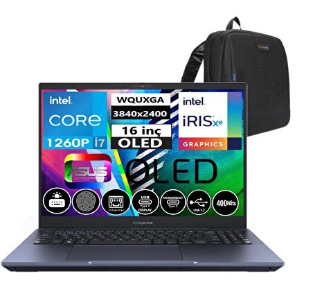 Asus Expertbook B5602CBA-I71260165 Intel Core I7 1260P 40GB Ddr5 512GB SSD 16" OLED  Freedos Taşınabilir Bilgisayar 090NX05H1-M00P4009+WEBLEGELSINÇANTA