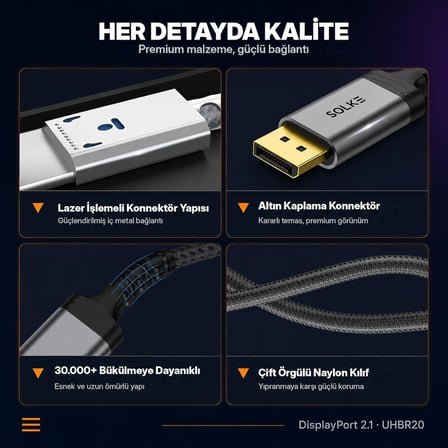 80Gbps DisplayPort 2.1 Kablo 16K 60Hz 8K 120Hz 4K 240Hz UHBR20 HDR DSC 1.2a Örgülü DP 2.1 Monitör Kablosu (2, 2m, Metre)