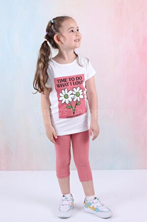 Kız Çocuk Şortlu Fitilli Kapri Tayt Kompak T-Shirt Alt Üst Takım