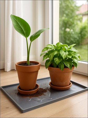 Silikon Saksı Altlığı ve Viyol Tepsisi (60x40 cm) - Su Geçirmez Bitki Koruyucu Mat, Fide Yetiştirme ve Çiçek Altlığı, Yükseltilmiş Kenarlı Saksı Tablası, Gri Renk