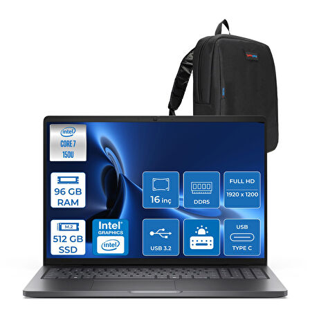 Dell Pro 16 PC16250 Intel Core 7 150U 96GB Ddr5 512GB SSD 16 Fhd+ IPS (1920X1200) 300 Nits Freedos Taşınabilir Bilgisayar. PC16250C7165F27+ZETTAÇANTA