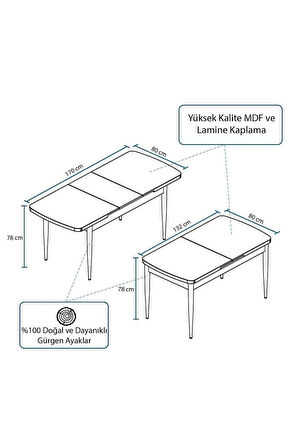 Teknor Zümra Serisi, 80x132 Açılabilir Mdf Mutfak Masası, Yemek Masası