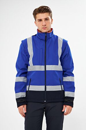 Orange Safety Saks Mavi Softshell Mont Reflektörlü Kolları Çıkmalı