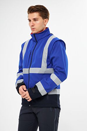 Orange Safety Saks Mavi Softshell Mont Reflektörlü Kolları Çıkmalı