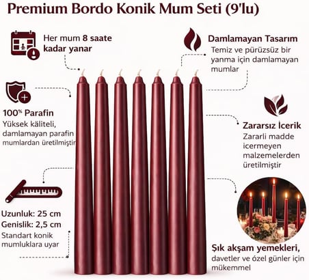 Kırmızı Renk İnce Şamdan Mum Seti,25 cm Uzunluk,10lu Paket,Dekoratif Taper, Şık Masa, Davet ve Özel Gün Dekorasyonu İçin