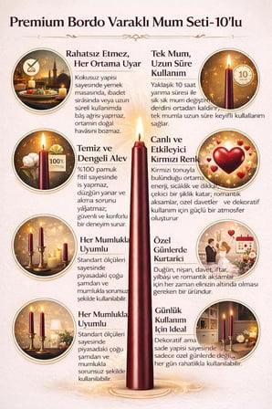 Kırmızı Renk İnce Şamdan Mum Seti,25 cm Uzunluk,10lu Paket,Dekoratif Taper, Şık Masa, Davet ve Özel Gün Dekorasyonu İçin
