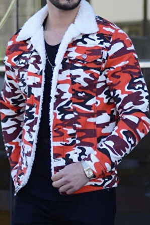 R.lion Slim Fit Kürklü Kot Mont Premium Denim kırmızı Kamufulaj