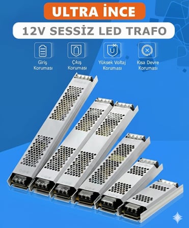 12V Ultra Slim Sessiz Şerit LED Trafosu - Cata Metal Kasa İnce Tasarım Klemensli Adaptör (5A / 12.5A / 17A / 21A / 30A Seçenekleri), IP20 İç Mekan (5 Amper)