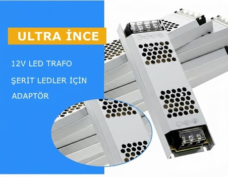12V Ultra Slim Sessiz Şerit LED Trafosu - Cata Metal Kasa İnce Tasarım Klemensli Adaptör (5A / 12.5A / 17A / 21A / 30A Seçenekleri), IP20 İç Mekan (5 Amper)