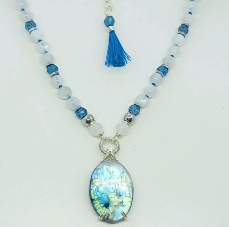  2357 Ay taşı Apatit düğümlü el yapımı kolye